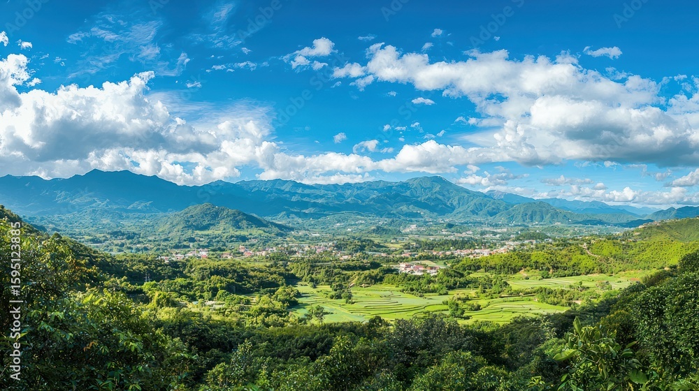 Obraz premium A lush, green landscape with a mountain range in the distance, under a clear blue sky with scattered white clouds.