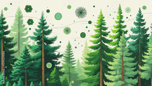 Lush forest illustration with evergreen trees and abstract design for nature and eco-friendly art