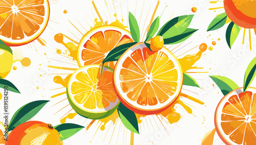 Vibrant citrus fruits illustration with oranges, lemons, and splashes for fresh food art