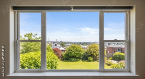 Scenic garden view through large window overlooking suburban neighborhood