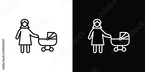 Woman with Baby Stroller icon in simple linear style.