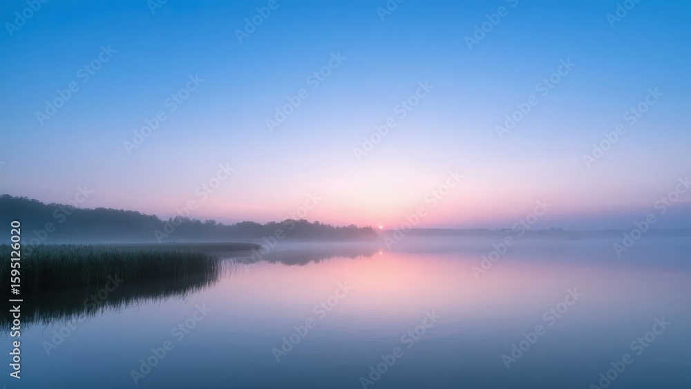 Fototapeta premium Calm Lake at Dawn with Misty Horizon