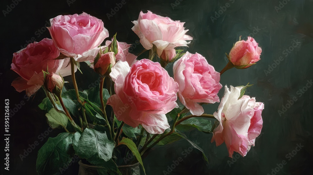 Obraz premium Pink roses in a lush bouquet, evoking timeless romance with a soft vintage charm