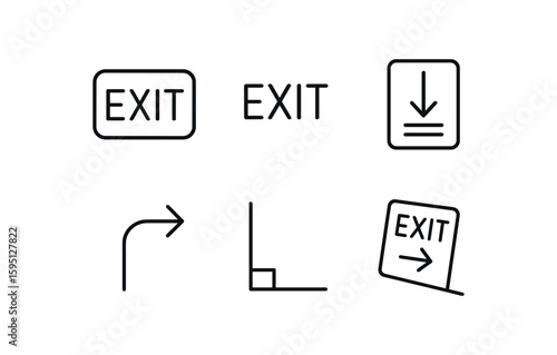 outline stroke icon drive out stencil, EXIT wording, outflow stripe, directional path guide, lot boundary edge lines, slope exit paint cues, monoline icons style isolated