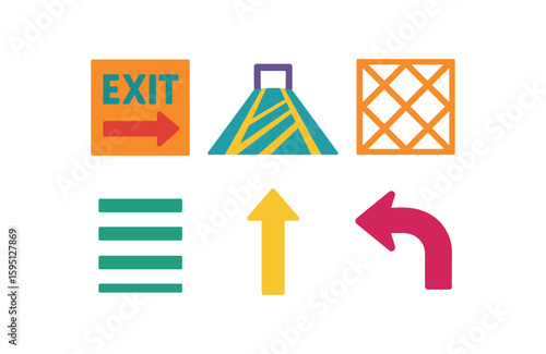 objects EXIT painted arrow, directional striping toward gate, crosshatch separation lines, guidance bars, one way lane marking, wide turn arrow solid color icon, outline, vector fills, palette, minima