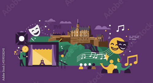 A vibrant flat design illustration with abstract elements representing the performing arts, capturing the spirit of the Fringe Festival.