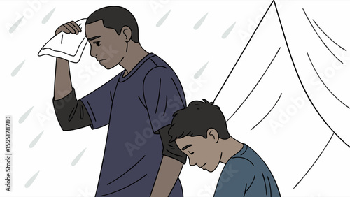 Illustration of Two Individuals Enduring Hardship in Rain, Depicting Fatigue and Resilience in a Challenging Outdoor Environment