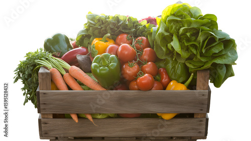 Wooden crate overflowing with fresh garden vegetables, tomatoes, peppers, carrots and lettuce
