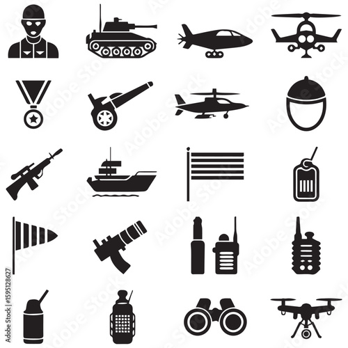 Silhouetted military icons showcasing army equipment and symbols of defense and combat assets
