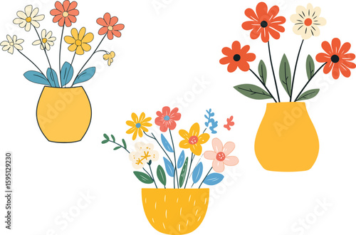 Three Yellow Pots with Colorful Flowers on a White Background Illustration