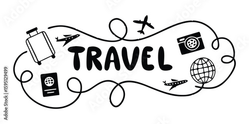 Black and White Travel Doodle with Suitcase Globe and Passport on Transparent Background This black