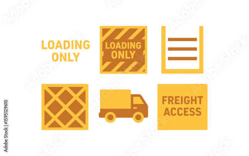 objects yellow lettered LOADING , striped delivery space, painted dock guide lines, hash marked parking ban, box truck load line, freight access marking solid color icon, outline, vector fills, palett