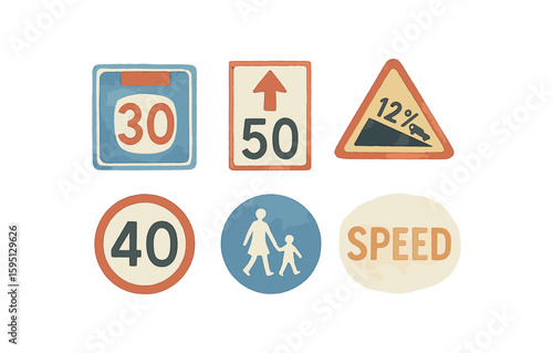 watercolor icon end lane speed mark, directional speed limit arrow, garage slope limit, circular limit symbol, pedestrian zone limit, faded ground speed text paint colored isolated