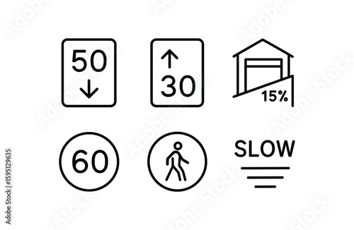 outline stroke icon end lane speed mark, directional speed limit arrow, garage slope limit, circular limit symbol, pedestrian zone limit, faded ground speed text, monoline icons style isolated