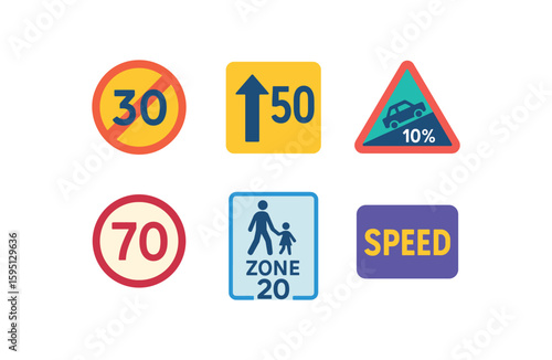 objects end lane speed mark, directional speed limit arrow, garage slope limit, circular limit symbol, pedestrian zone limit, faded ground speed text solid color icon, outline, vector fills, palette, 