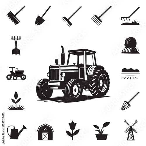 Tractor and farming equipment icons for agriculture and rural lifestyle concept art