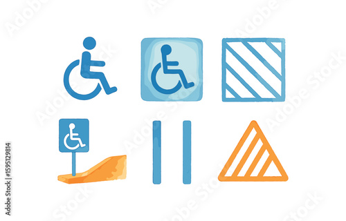 watercolor icon updated dynamic wheelchair icon, freshly painted access logo, crosshatched adjacent space, symbol near curb ramp, wide space marking, warning line outline paint colored isolated