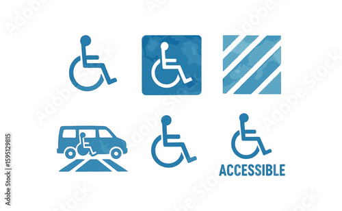 watercolor icon blue wheelchair stencil, blue ground icon, access aisle marker, van accessible logo, standard ADA symbol, surface marking paint colored isolated