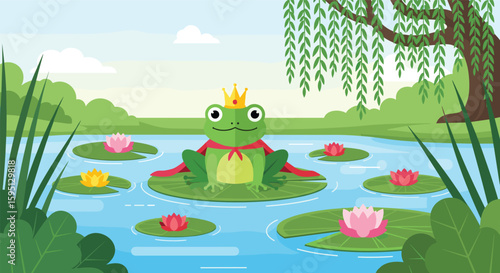 Enchanting Frog Prince Wearing a Regal Crown Sitting Proudly Amidst a Peaceful Lily Pond Surrounded by Lush Greenery and Gentle Willow Tree Branches