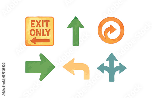 watercolor icon exit marking, entry lane arrow, loop around zone arrow, directional stencil, faded redirect arrow, double head path arrow paint colored isolated