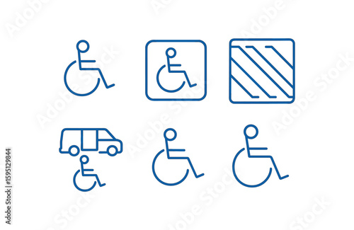 outline stroke icon blue wheelchair stencil, blue ground icon, access aisle marker, van accessible logo, standard ADA symbol, surface marking, monoline icons style isolated