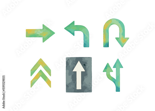 watercolor icon forward pointing arrow, turn left indicator, U turn loop arrow, lane merge chevron, arrow asphalt, dual lane split arrow paint colored isolated