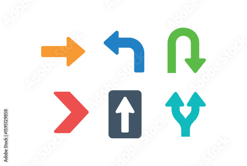 objects forward pointing arrow, turn left indicator, U turn loop arrow, lane merge chevron, arrow asphalt, dual lane split arrow solid color icon, outline, vector fills, palette, minimal , isolated