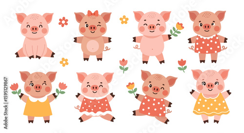 Adobe illustrator vector artwork set of cute pink pigs in various playful poses, adorned with flowers and leaves. Perfect for farm animals, children's designs, and cheerful themes