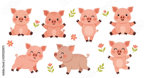 Adobe illustrator vector artwork set of cute pink pigs in various playful poses, adorned with flowers and leaves. Perfect for farm animals, children's designs, and cheerful themes