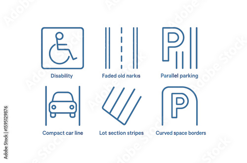 outline stroke icon blue disability lines, faded old markings, parallel parking guides, compact car line , lot section stripes, curved space borders, monoline icons style isolated