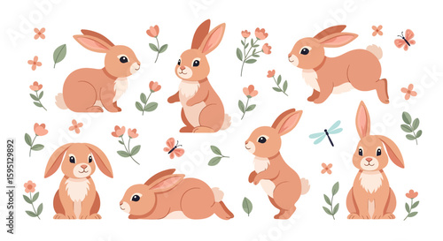 Adobe illustrator vector artwork set of cute rabbits in various poses, adorned with butterflies, flowers, and leaves. Perfect for spring, Easter, nature, and animal themes