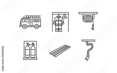 outline stroke icon pumper fire engine, turnout gear rack, overhead hose reel, rapid fill air bottle station, floor drainage trench, diesel exhaust extractor, monoline icons style isolated