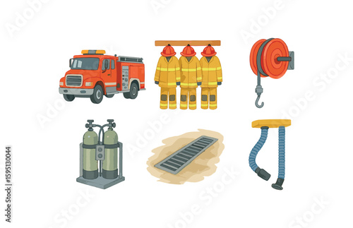watercolor icon pumper fire engine, turnout gear rack, overhead hose reel, rapid fill air bottle station, floor drainage trench, diesel exhaust extractor paint colored isolated