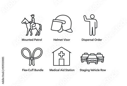 outline stroke icon mounted patrol flank, helmet visor, dispersal order, flex cuff bundle, medical aid station, staging vehicle row, monoline icons style isolated