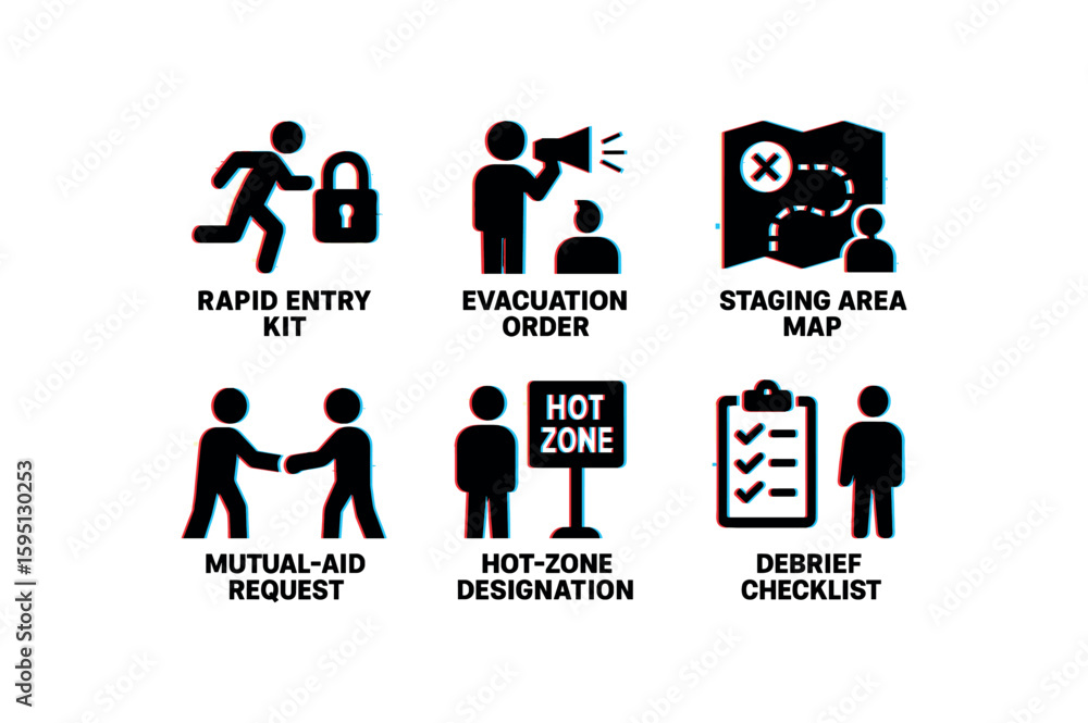 Fototapeta premium rapid entry kit, evacuation order, staging area map, mutual aid request, hot zone designation, debrief checklist, , , , , isolated
