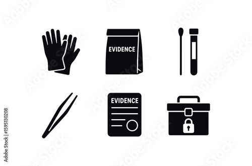 solid icon latex gloves, paper evidence bag, swab vial, tweezers forceps, evidence label, secure transport box isolated