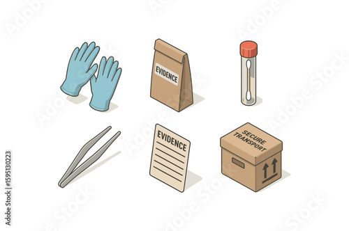 icon latex gloves, paper evidence bag, swab vial, tweezers forceps, evidence label, secure transport box , , , , isolated