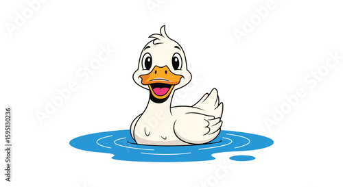 A delightful animated cartoon duckling happily splashing in blue water with a joyful expression and bright eyes
