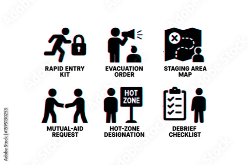 rapid entry kit, evacuation order, staging area map, mutual aid request, hot zone designation, debrief checklist, , , , , isolated