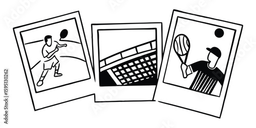 Three Black and White Tennis Photos in Frames on Transparent Background This image features three