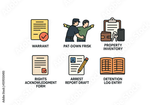 colored warrant confirmation, pat down frisk, property inventory, rights acknowledgment form, arrest report draft, detention log entry perfect colored vector style isolated