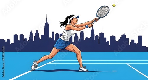 Female tennis player hitting ball with a racket against city skyline