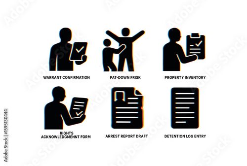 warrant confirmation, pat down frisk, property inventory, rights acknowledgment form, arrest report draft, detention log entry, , , , , isolated
