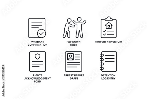 outline stroke icon warrant confirmation, pat down frisk, property inventory, rights acknowledgment form, arrest report draft, detention log entry, monoline icons style isolated outline stroke icon wa