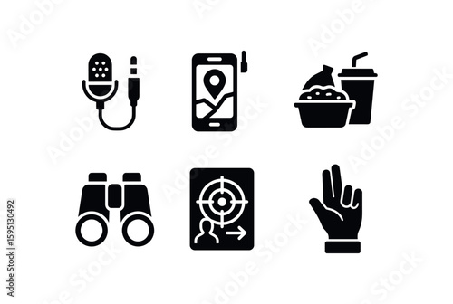 solid icon concealed audio mic, GPS tracker monitor, stakeout snack kit, binoculars, target movement sheet, covert hand signal code isolated