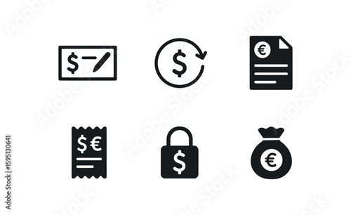 solid icon traveller s cheque service, buy back guarantee, currency order form, forex counter slip, rate lock request, foreign coin pouch, isolated
