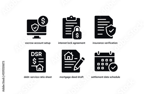 solid icon escrow account setup, interest lock agreement, insurance verification, debt service ratio sheet, mortgage deed draft, settlement date schedule isolated