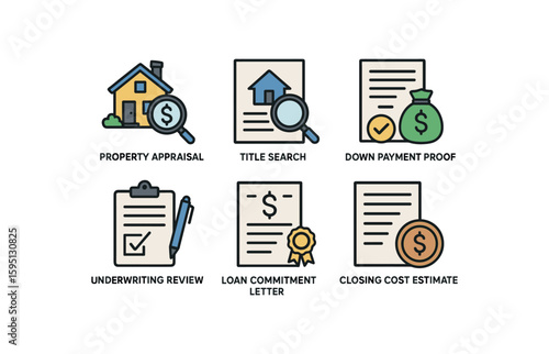 colored property appraisal, title search, down payment proof, underwriting review, loan commitment letter, closing cost estimate, perfect colored vector style isolated