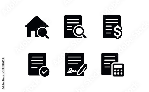 solid icon property appraisal, title search, down payment proof, underwriting review, loan commitment letter, closing cost estimate, isolated