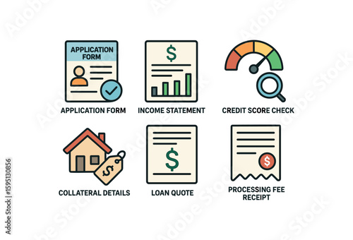 colored application form, income statement, credit score check, collateral details, loan quote, processing fee receipt perfect colored vector style isolated
